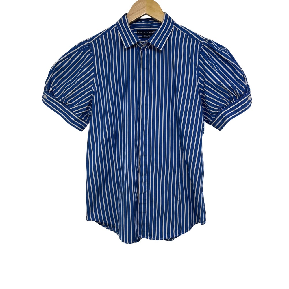 Ralph Lauren Blue Striped Puff Short Sleeve Button Up Top 14 Cottage Preppy